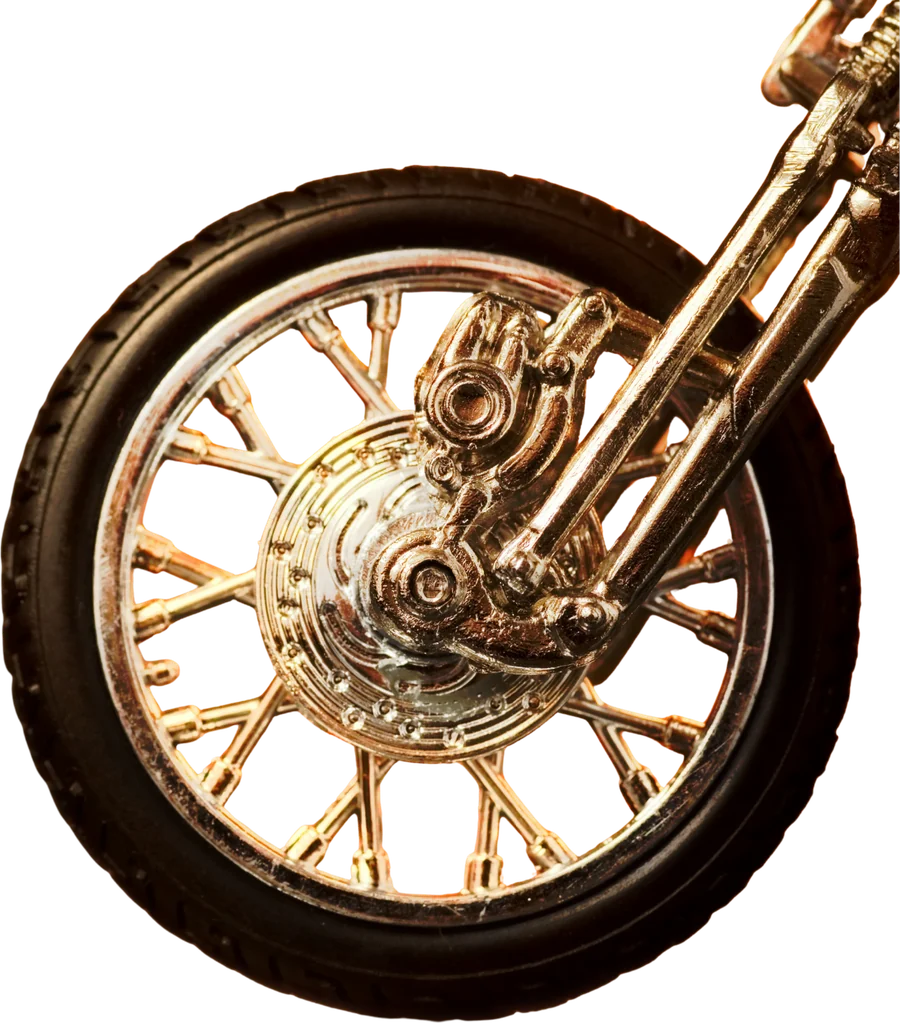 A front wheel with the brake rotor and caliper visible through the spokes.